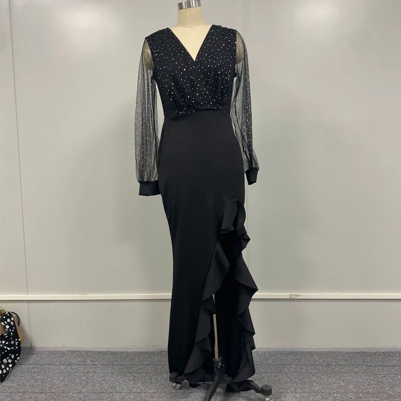 Black Elegant Luxury Evening Dress 2024 Sexy V Neck Long Sleeve Long Dresses Slim Sexy Elegant Womens Party Dresses Fashion