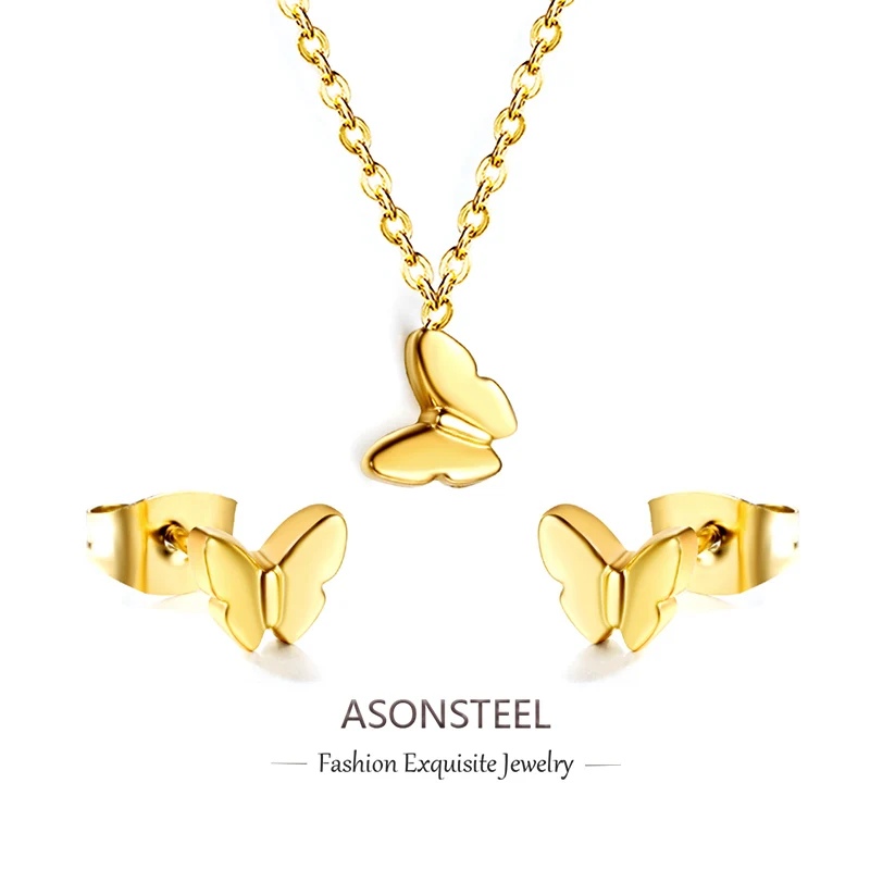 ASONSTEEL Trendy Buffterfly Stud Earrings Link Chain Pendant Necklace Jewelry Set Anti-allergy Stainless Steel Gifts Waterproof