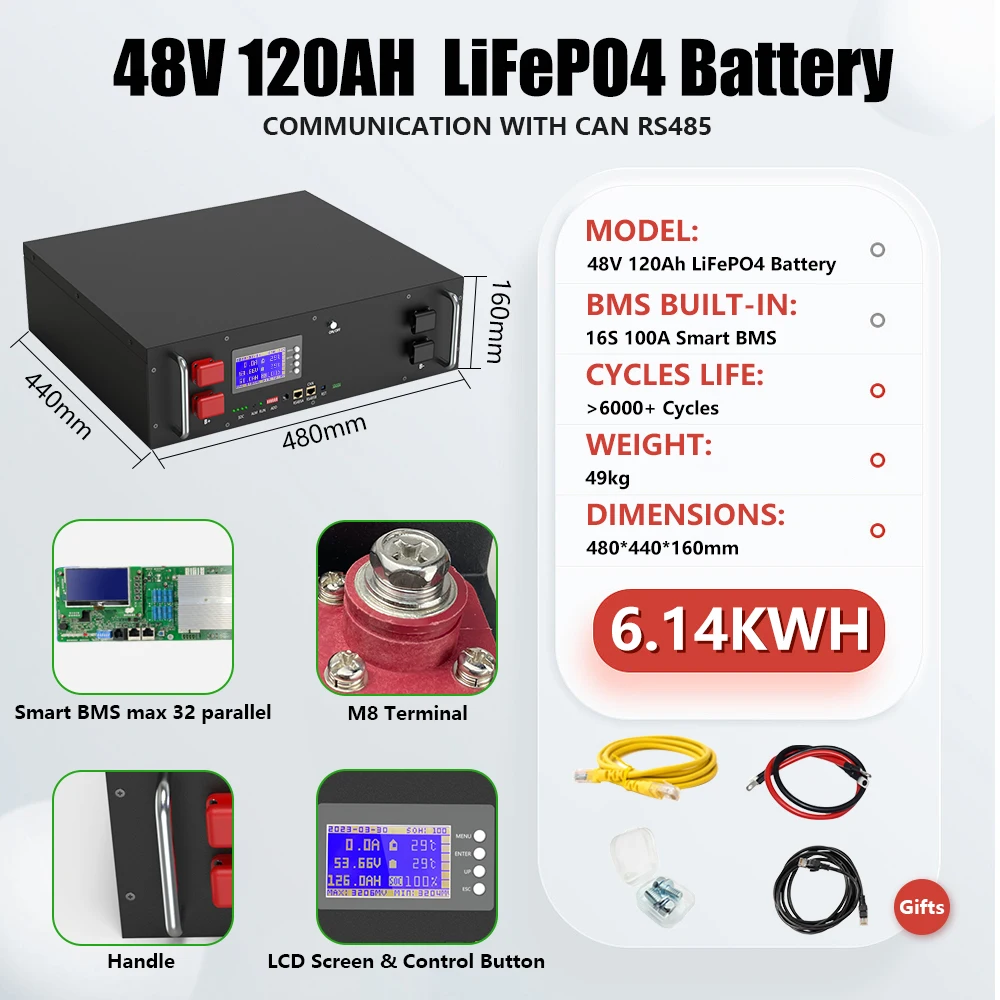 48V 300Ah LiFePO4 Batterij 15KW Bluetooth 16S 200A BMS 51.2V 100Ah150Ah 200Ah 6000+ Cycli Graad A Nieuwe Cellen CAN/RS485 EU Geen Belasting