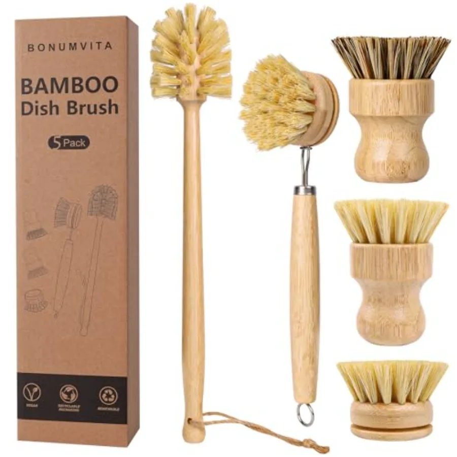 

5 Pack Bamboo Dish Brush Set Wooden Dish Brush with 14 Bottle Brush Natural Kitchen Scrub Brush for Dishes Pots Pans Sinks Woks