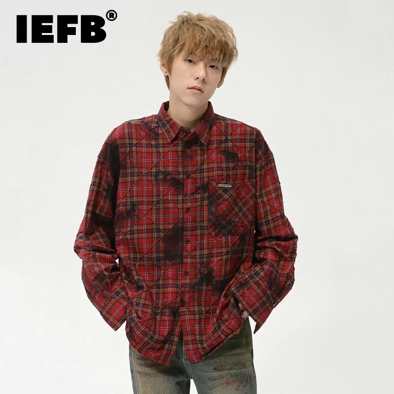 

IEFB American Style Men's Shirts Worn-out Plaid Turn-down Collar Long Sleeve Single Breasted Male Loose Top Autumn Fahion 9C7386