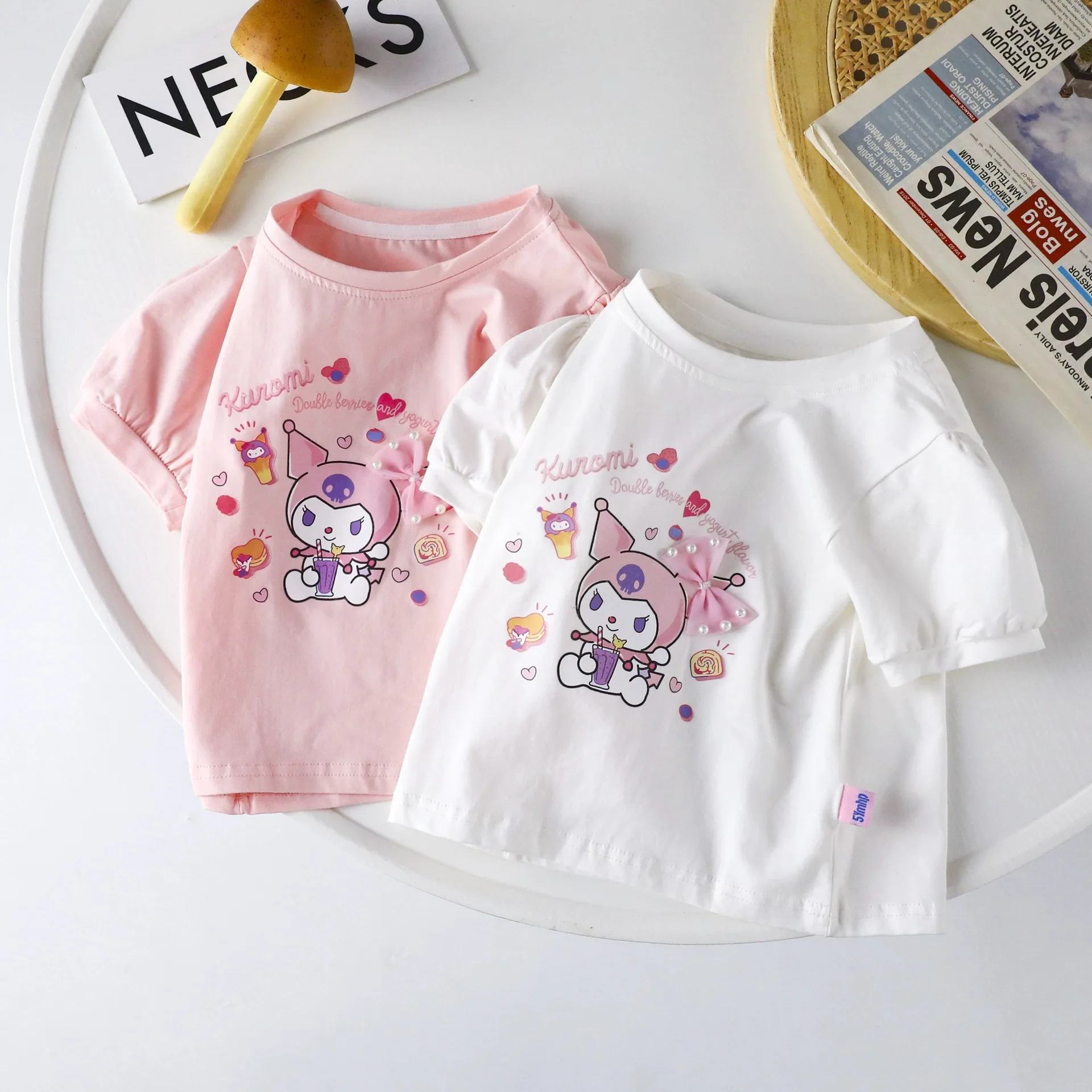 Camiseta Kawaii Sanrio My Melody Cinnamoroll de dibujos animados para niños, blusa informal de encaje de manga corta para bebé y Niña