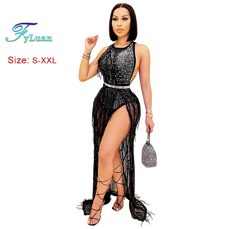 

New Solid Sequined Women High Waist Dress Set Sleeveless Jumpsuits Vestidos+One Shoulder Tassels Long Dress Summer Club Clothing