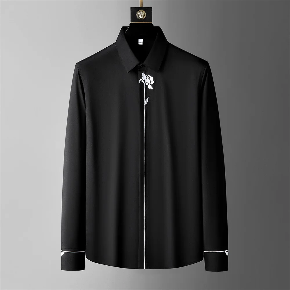 High Quality Embroidered Long Sleeved Shirt Men Casual Business Dress Shirts Slim Fit Social Party Banquet Tuxedo Men Clothing