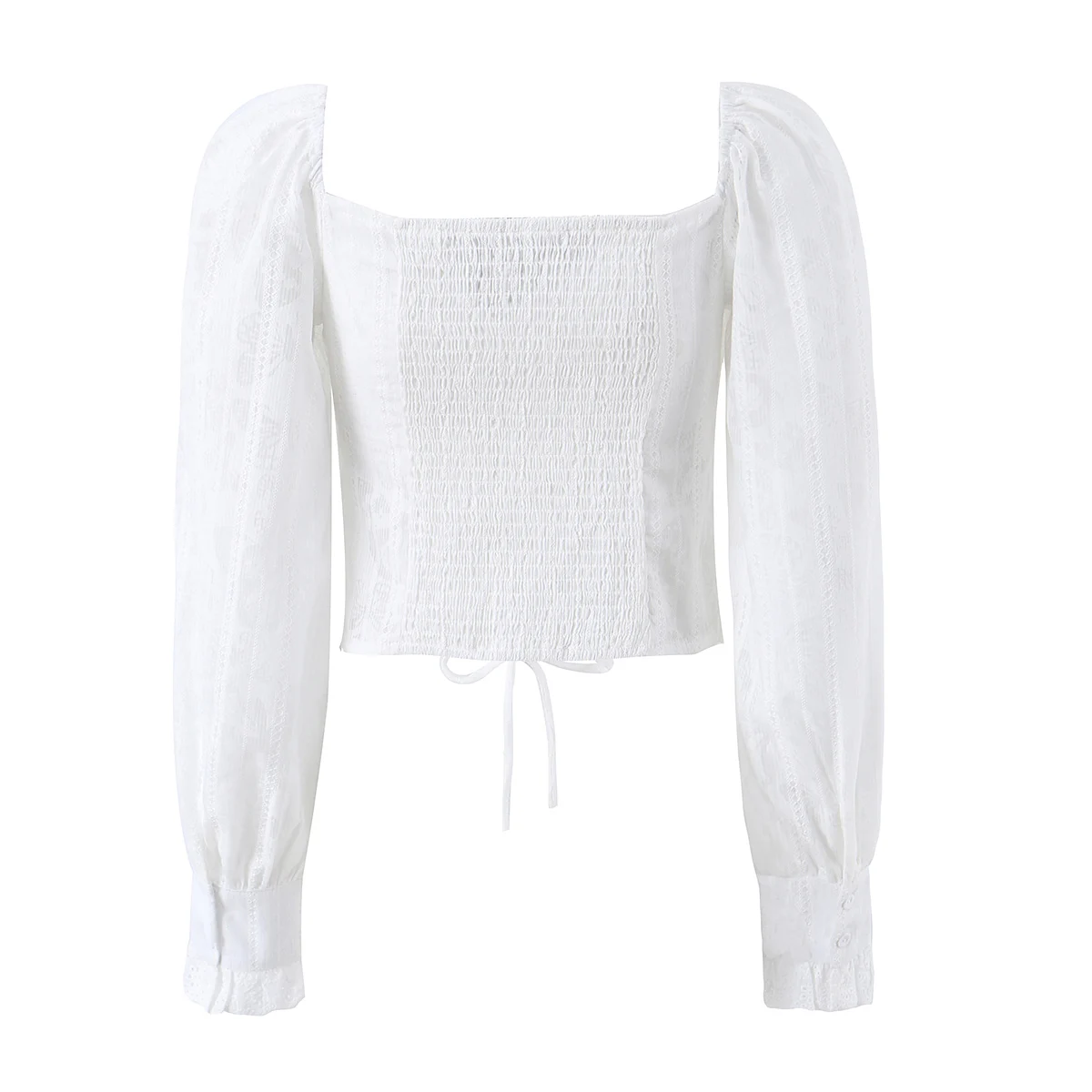 Sweet Embroidery White Cross Lacing up Bow Front Long Puff Sleeve Shirt Women Slash Collar Elastic Back Slim Crop Top blouses