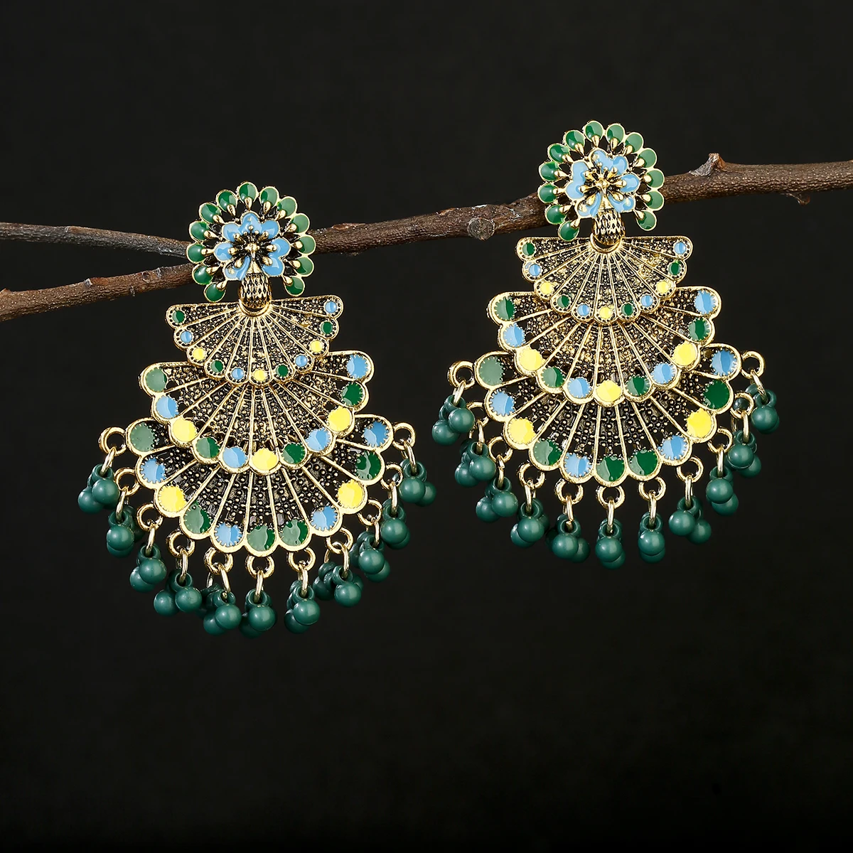 Ethnic Women Green Color Peacock Earrings Jhumka Indian Earrings Vintage Dangle Earring Beads Tassel Bride Wedding Jewelry