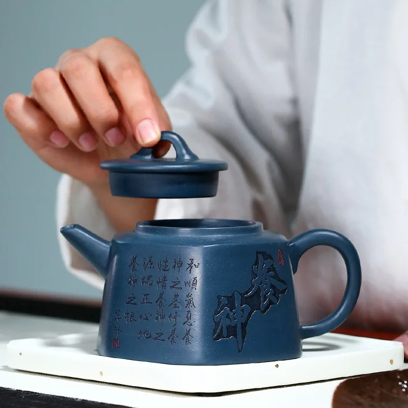 High Quality Yixing Purple Clay Teapot Pure Handmade Ore Day Blue Mash Yangshen Hexagonal Famous Tea Set