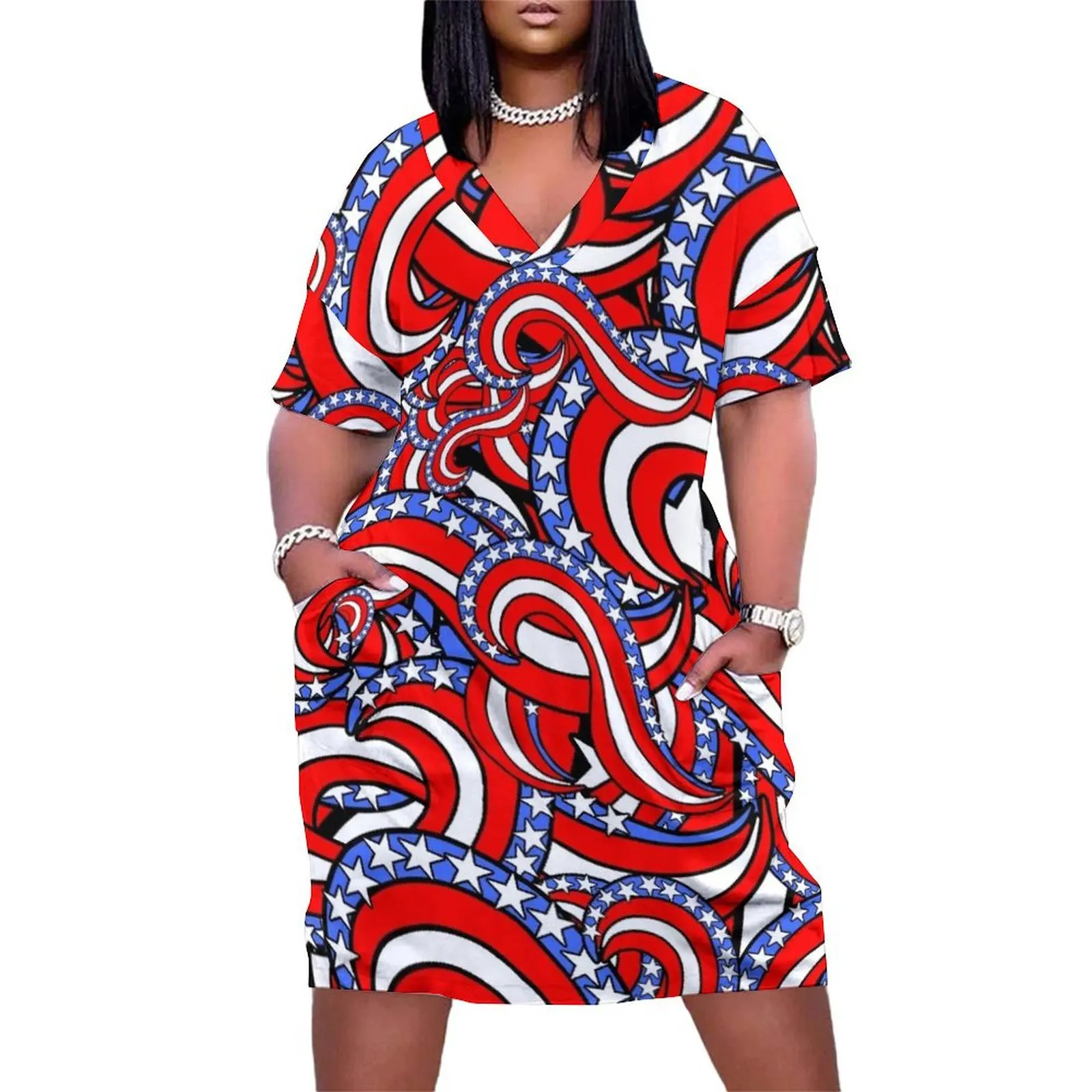 

Patriotic American Flag Red White and Blue Stars and Stripes Pattern Loose Pocket Dress Evening dresses