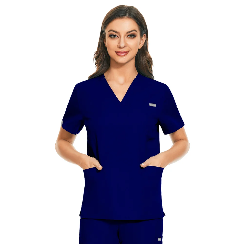 Pocket Nurse Uniform Womens Solid Color Scrub Shirts V-neck Nursing Clothes Short Sleeved Scrubs Top Medical Uniformes Blouse