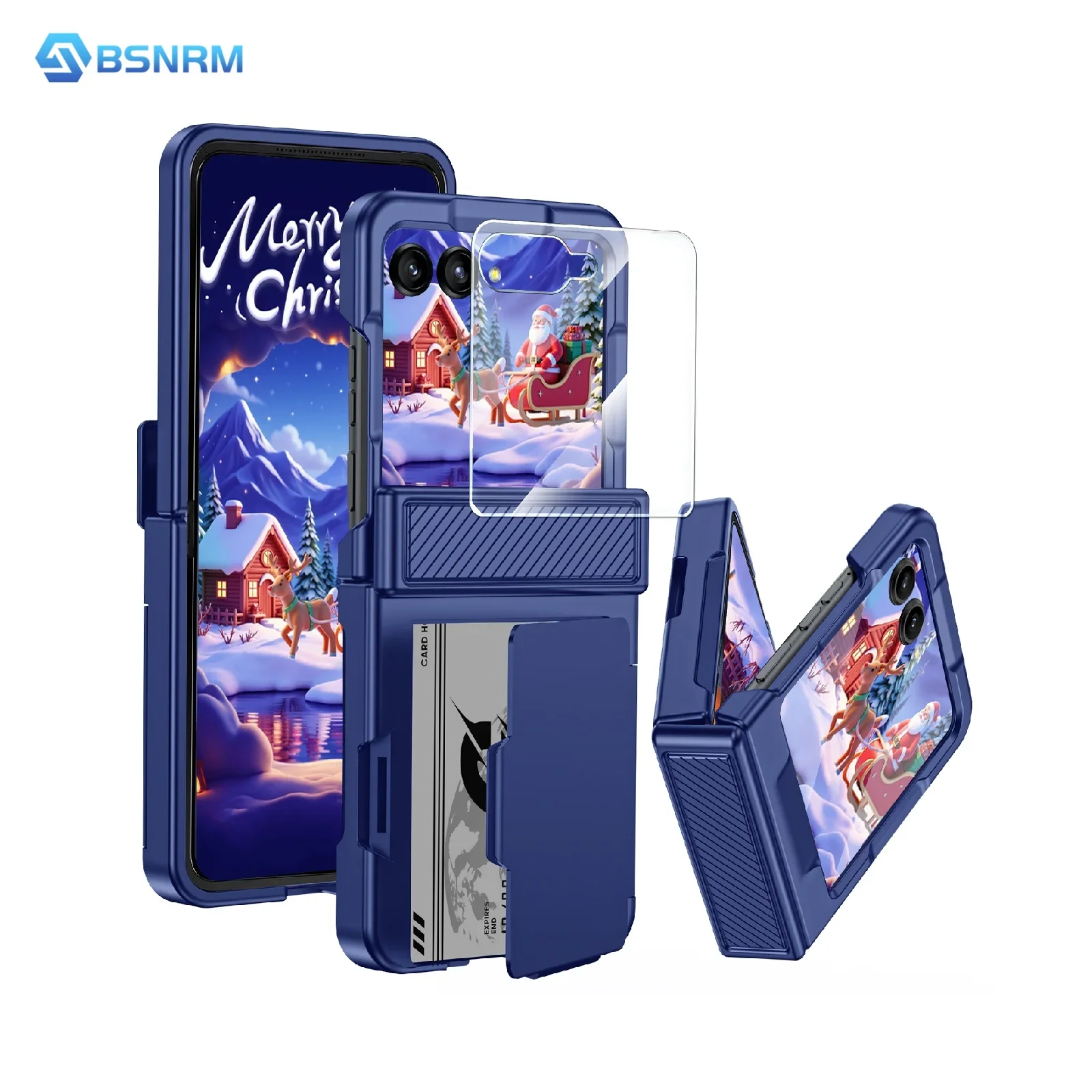 

Рождественский подарок, чехол для Moto Razr 60 2025/50 2024, с зажимом для карт, защитой шарнира, RFID-защитой и защитной пленкой для экрана - синий