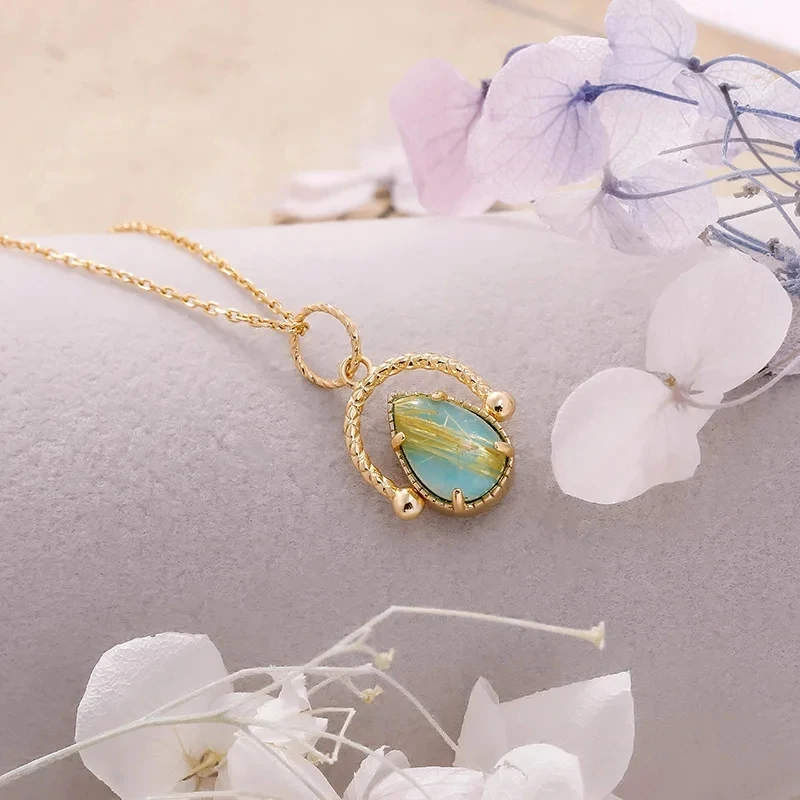 LAMOON Vintage Necklace Women Accessory Natrual Rutilated Quartz Turquoise Gemstone Pendant S925 Silver Gold Plated Chain NI208