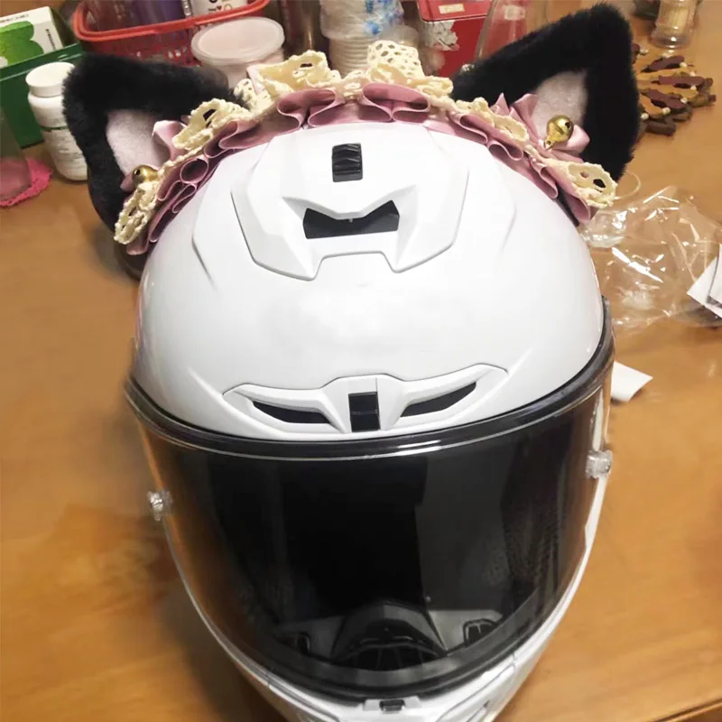 Motorcycle Electric Helmet Decorations Anime Lolita Cute Plush Cat Ears Lace Motorbike Helmet Accessorie Sticker Cosplay Styling