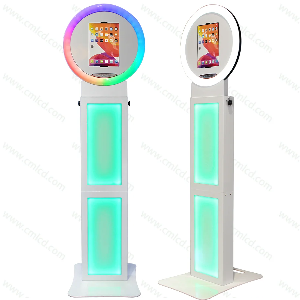 Round Surface Pro Photo Booth with RGB Rotating Light on the Columns Welcome Party Photobooth Adjustable Head Angle Photo Stand