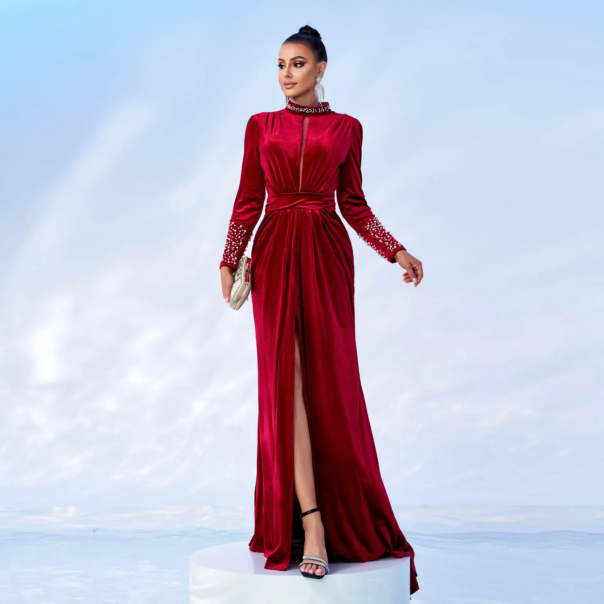 Vestido europeo de terciopelo rojo vino con diamantes de imitación bordados elegantes para primavera y otoño para mujer, vestidos largos de terciopelo ajustados de cintura alta para mujer