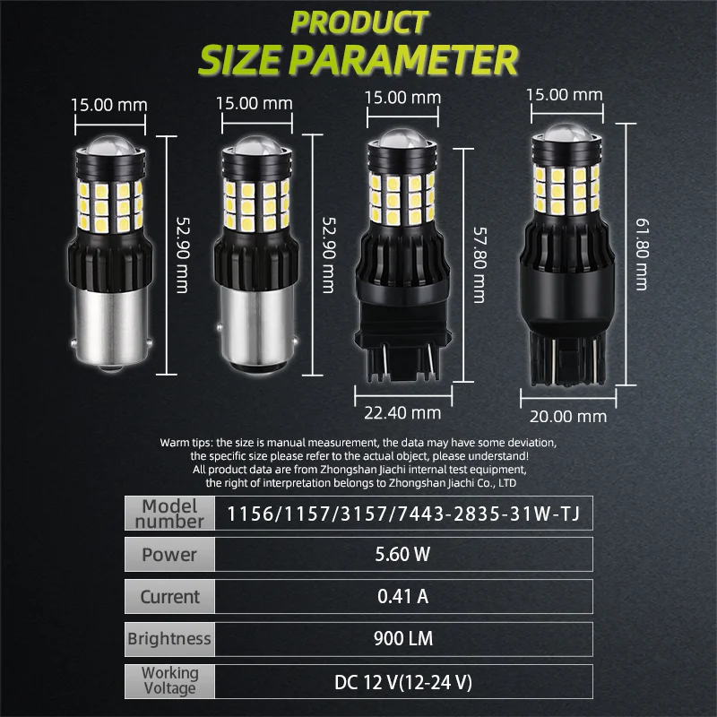 Jiachi 2pcs 1156 BA15S P21W BAU15S PY21W W21W P21/5W 1157 BAY15D 7443 LED Bulbs 31SMD Lamp Reverse Turn Signal Reserve Light 12V