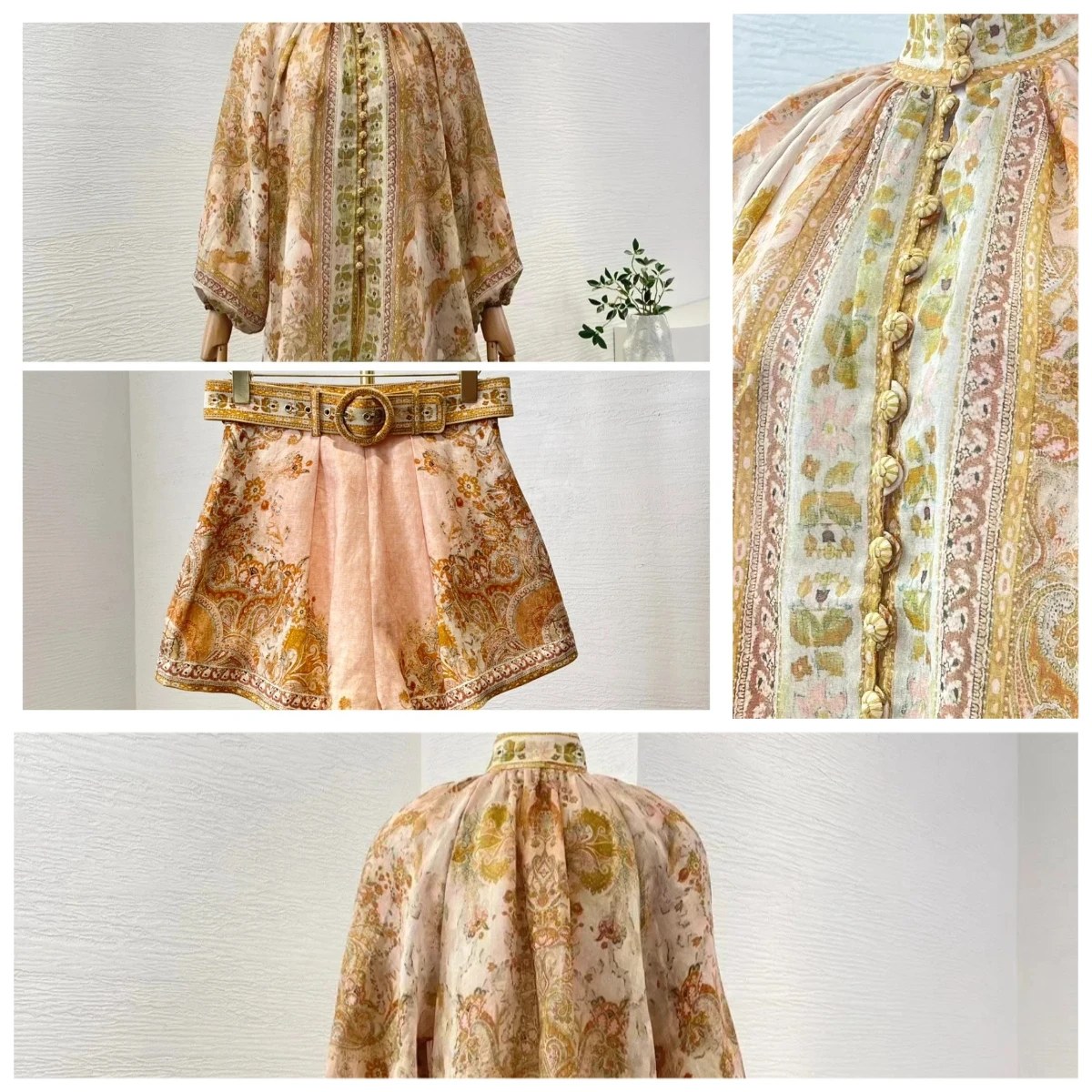 

2025 New Autumn Orange Paisley Print Long Sleeve Blouse Tops Shorts Set