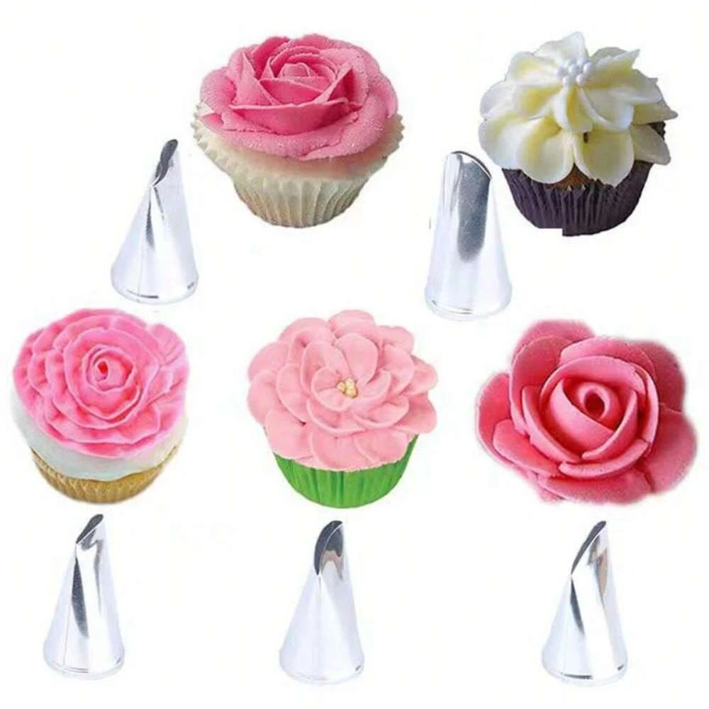 7pcs Baking Pastry Tool Set Stainless Steel Rose Petal Leaves Nozzles Cake Decorating Tips Tulip Flower Scissor Cake Tray