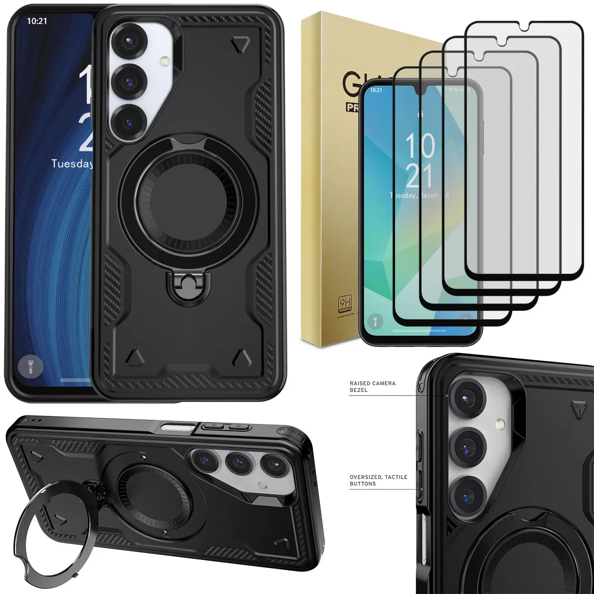 

Черный чехол для телефона Samsung Galaxy A16 A26, противоударный чехол с подставкой и 4 шт., защитные пленки из закаленного стекла с полным покрытием