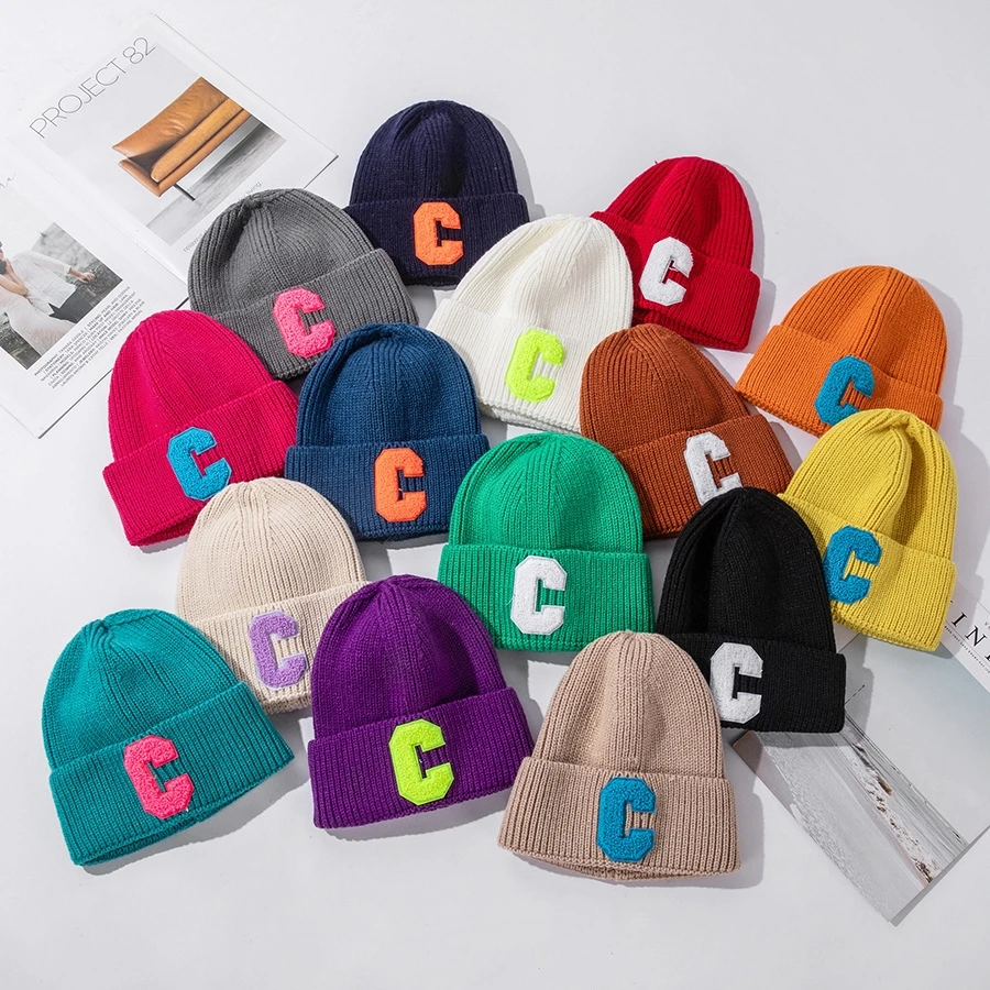 Korean version autumn and winter candy color C letter ins style children\'s wool hat Men and women children warm jumper knit hat