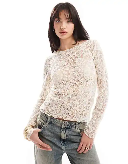 Women Sheer Tops Floral Lace Crew Neck Long Sleeve Casual Crop T-Shirt