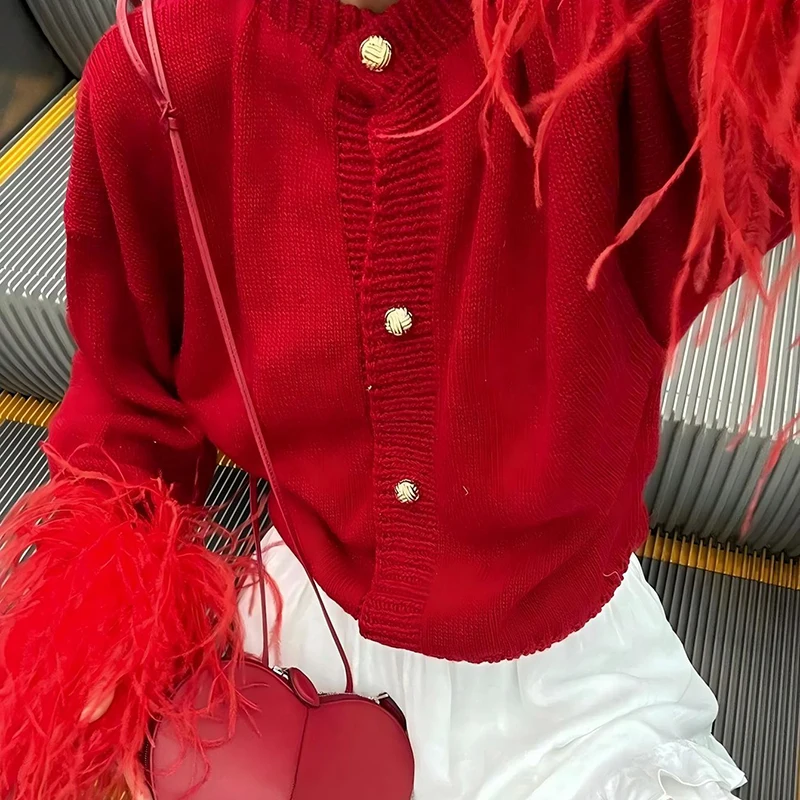 

Fashion Women's O-neck Long Sleeved Sweater Casual Single Breasted Solid Color Autumn Sweater Feather Patchwork Knitted Cardigan