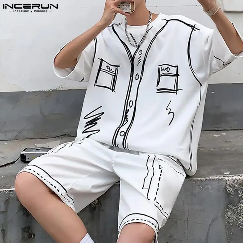 INCERUN 2024 Korean Style Mens Fashion Sets Medium Sleeved T-shirts Shorts Male Personality Graffiti Design Two-piece Sets S-5XL