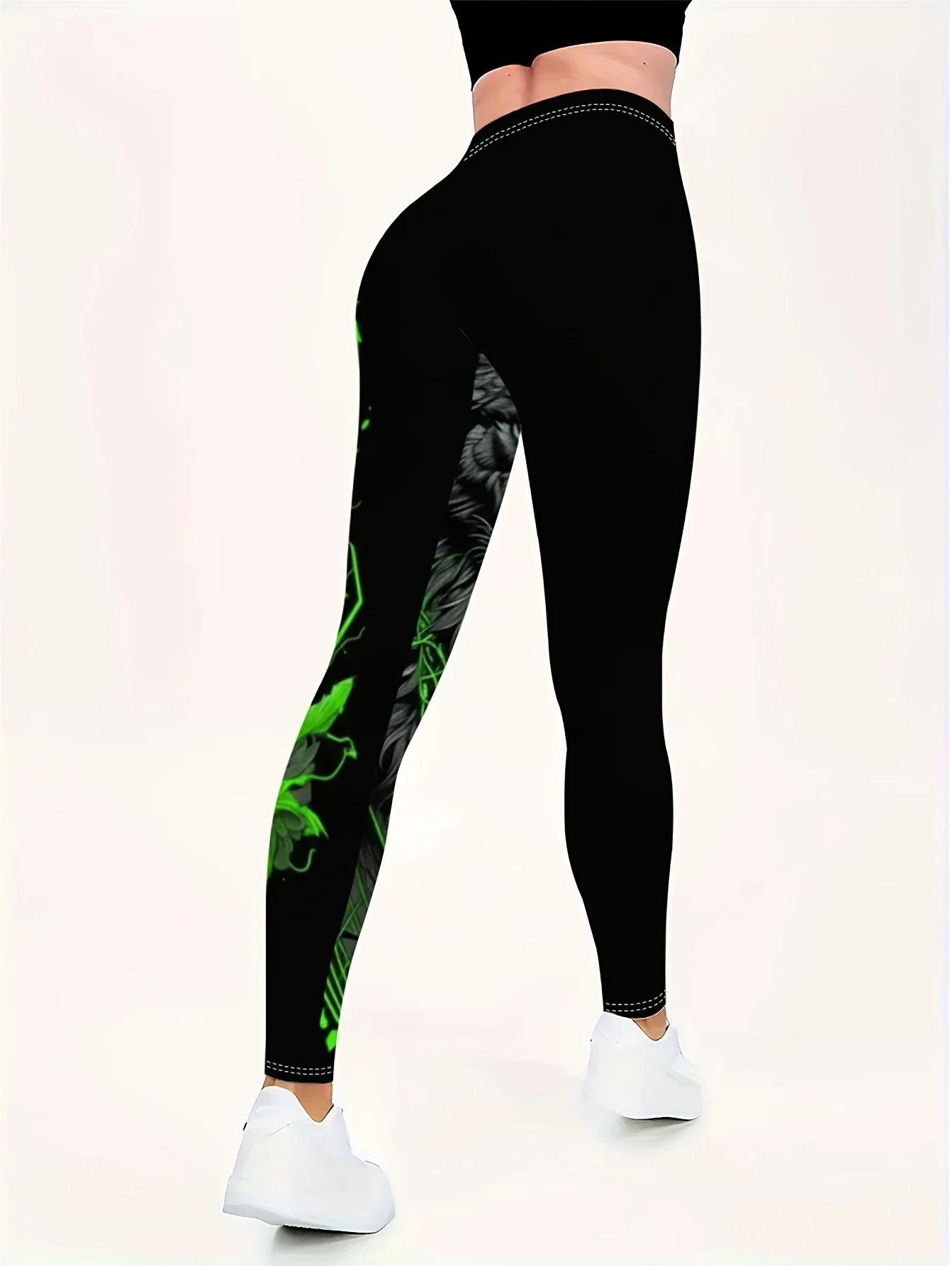 Women Mid‑Waist Fleece Lined Leggings, Green Eyes Wolf Geometric Feather Print, Slim Warm Street Casual Daily Pants
