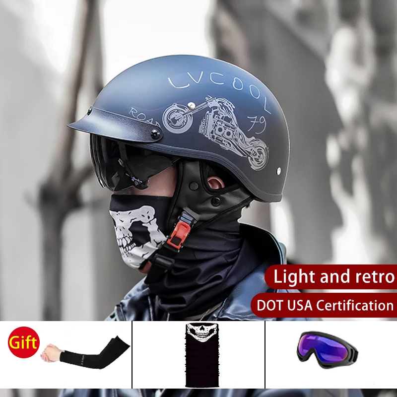 LVCOOL-Retro Motorcycle Helmet, Half Face Biker, Motorbike Crash, Scooter, Vintage, DOT Certification