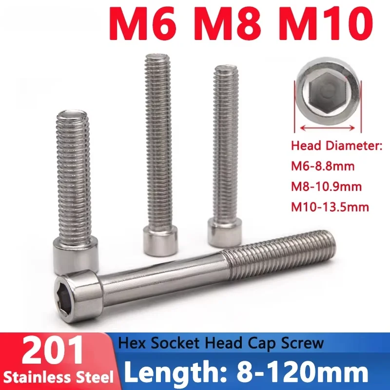 M6 M8 M10 201 Stainless Steel Small Hexagon Socket Head Cap Screw Bolt Narrow Outer Diameter Thin Head Rod Length 8-120mm