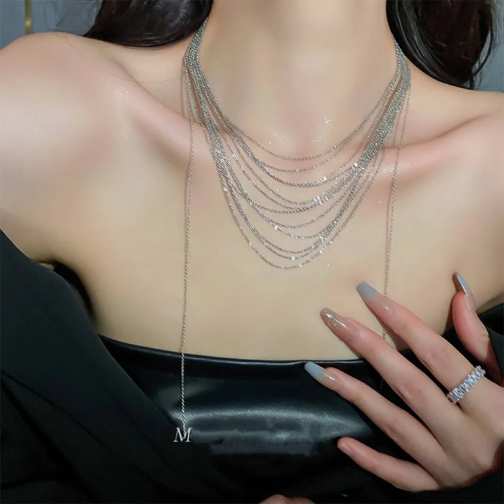 Elegant Sparkling Multi Layer Necklaces Multilayer Titanium Steel Flash Fringe Necklace Glitter Tassel Long Sweater Chain Women