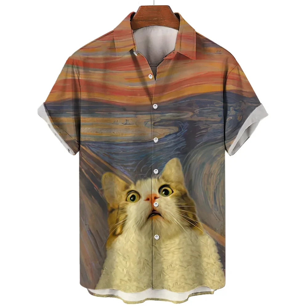 Puppy Print men's Hawaiian Casual Shirt Funny Kitten Oil Painting high-end Lapel men's Shirt 2023 New Style