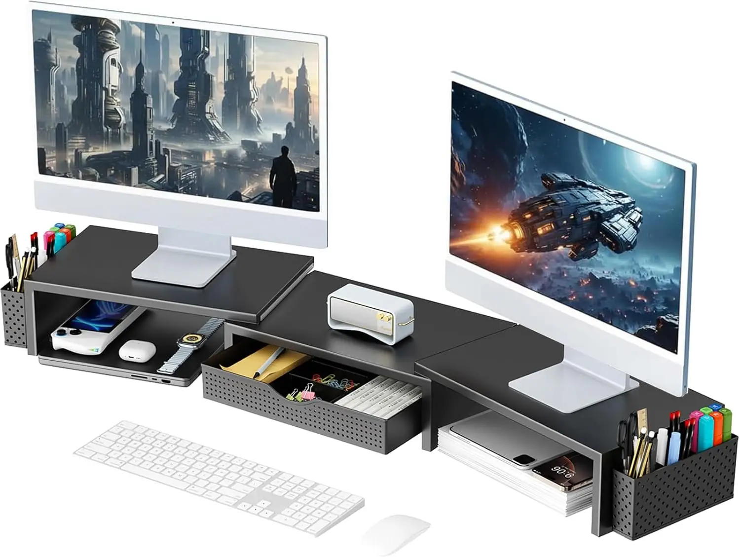 

Dual Monitor Stand Riser with Drawer and Pen Holders, Adjustable Desk Organizer for Workspace Efficiency