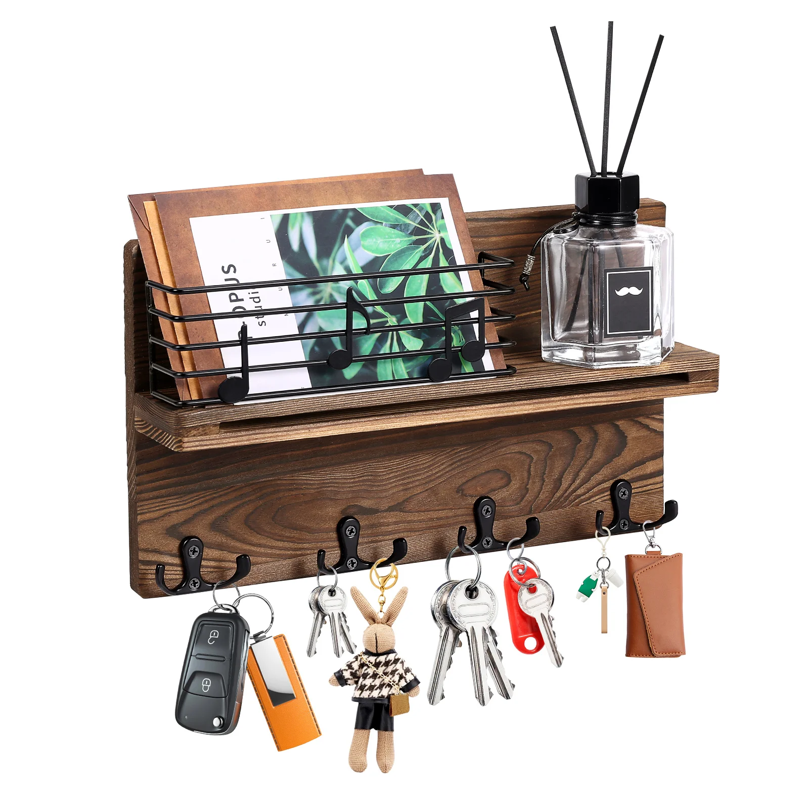 Wandmontierter Schlüsselhalter aus Holz mit Notizablage, Schlüsselbrett mit Regal & Haken für Eingangsbereich, Haustür, Flur