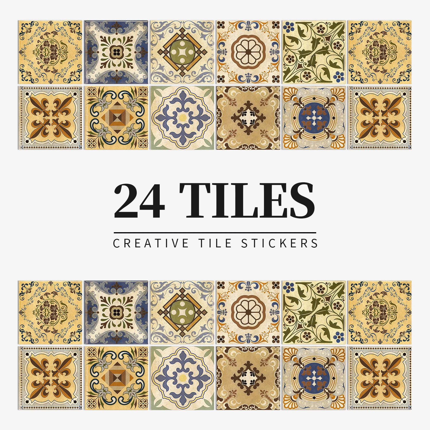 24 pcs/pack, Waterproof and Oil-proof, Easy To Clean, Yellow Old Pattern Self-adhesive PVC Tile Stickers