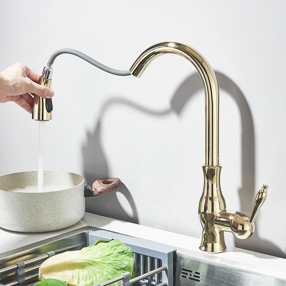 Kitchen Faucets Rotation Hot&Cold Water Mixer Tap Gold Polish Swivel Spout Sink Faucet Pull Down Sprayer Single Handle Faucets