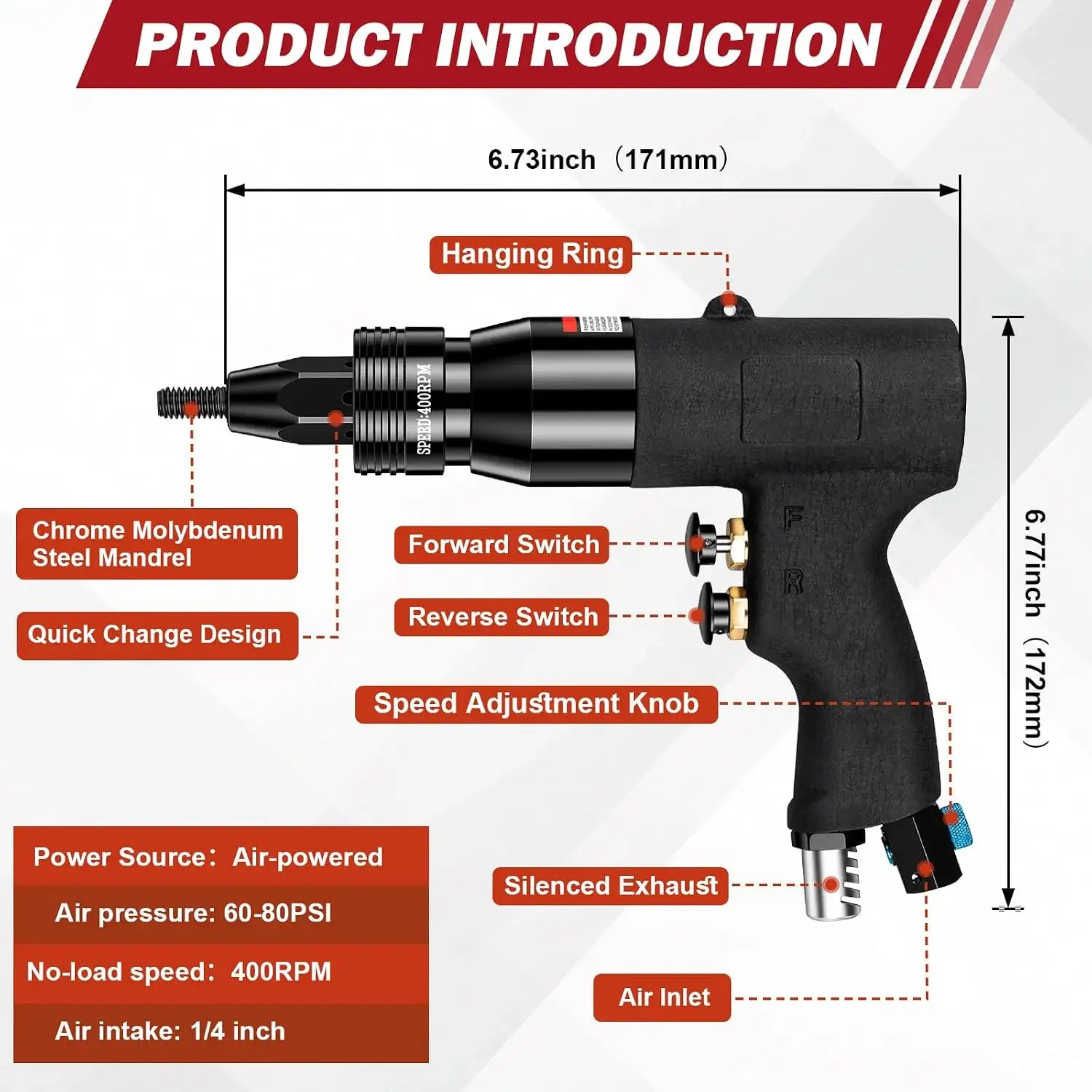 Pneumatic Rivet Nut Gun Tool with 1/4 & 5/16 & 3/8 Head