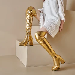 Plus Size Metal Gold Microfiber Damskie buty za kolano Platforma z kwadratowymi noskami Bardzo wysoki gruby obcas Zamek błyskawiczny Długie buty