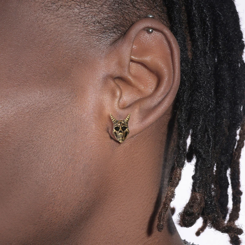 Demon Satan Ram Skeleton Viking Stud Earrings For Men Women Retro Vintage Gothic Punk Skull Ear Accessories Jewelry Gifts OHE186