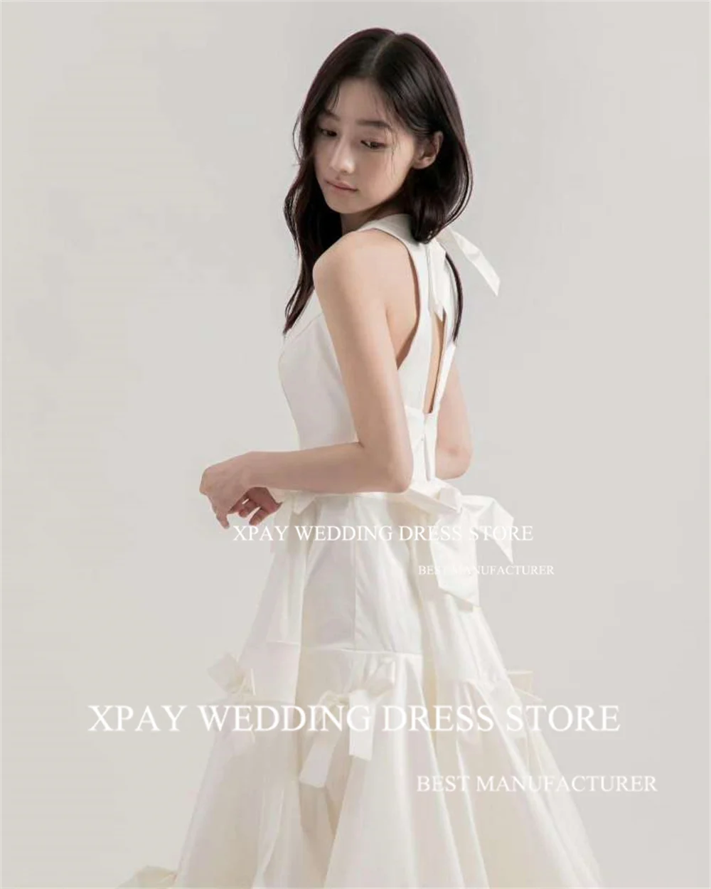 XPAY O Neck Korea Wedding Dresses Ruched Tiered Cut Out Back Wedding Photography Gowns Sleeveless Floor Length Robe de marriage