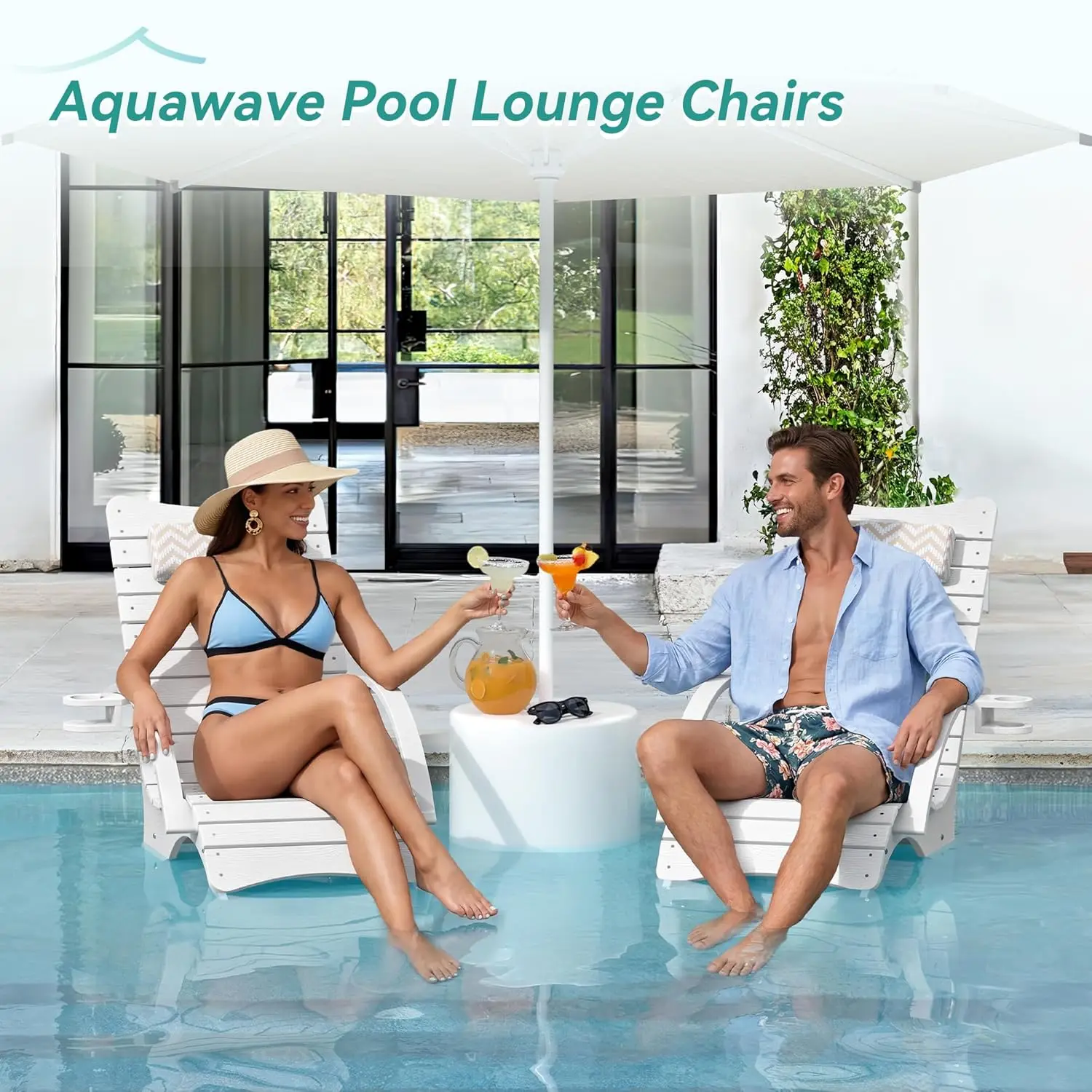2-Pack Shallow Water 8-10 Inch Deep Pool Lounge Chairs HDPE Fade Resistant Tanning Chairs with Armrests for Outdoor Pools