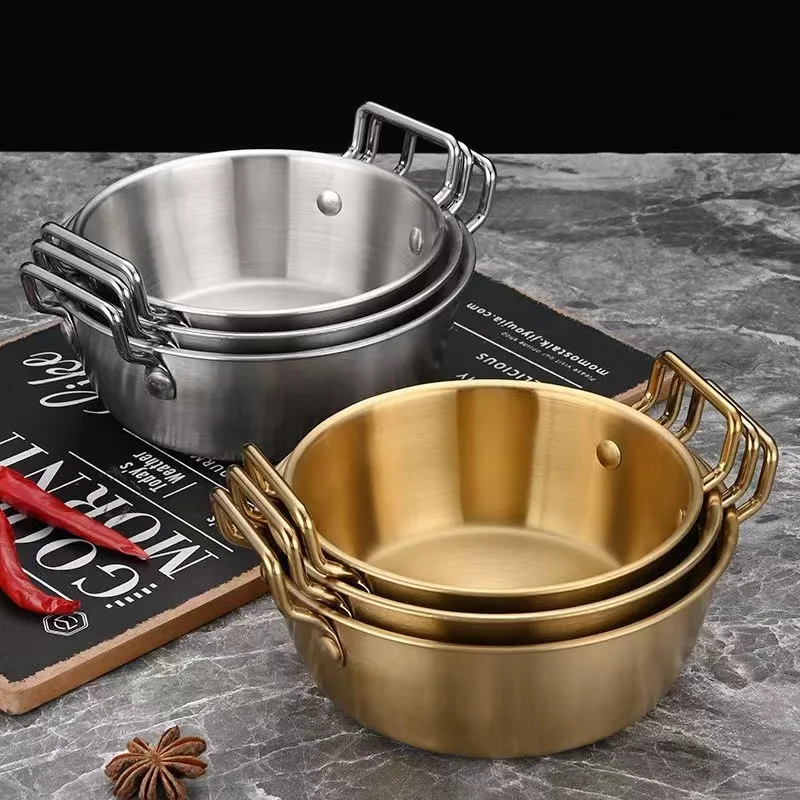 

Stainless Steel Golden Instant Noodle Bowl Korean Rice Wine Bowl With Handle Salad Snack and French Fry Bowl