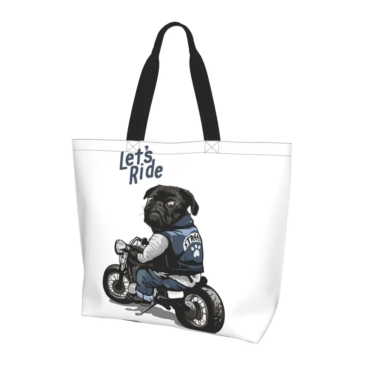 

Let's Ride Motorcycle Big Bike Black Pug Dog Shopping Tote Bag Canvas Shoulder Bags Shopper Grocery Handbag for Women