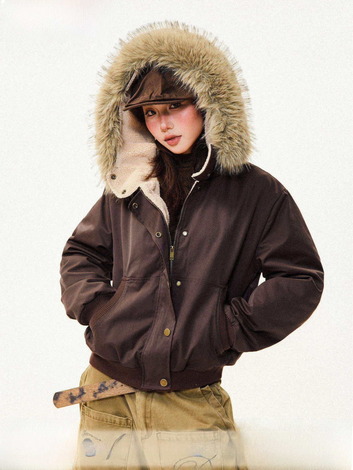 

Young Stage Vintage Faux Fur Collar Thiened Fce Women's Jaet Winter Versatile Warm Parka ort Top with Hood Zipper