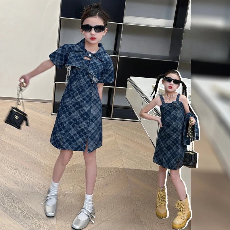 Girls Suits Dress Set Summer 2024 New Women Senior Sense Summer Dress Children Foreign Style Casual Slip Two-piece Set Clothes