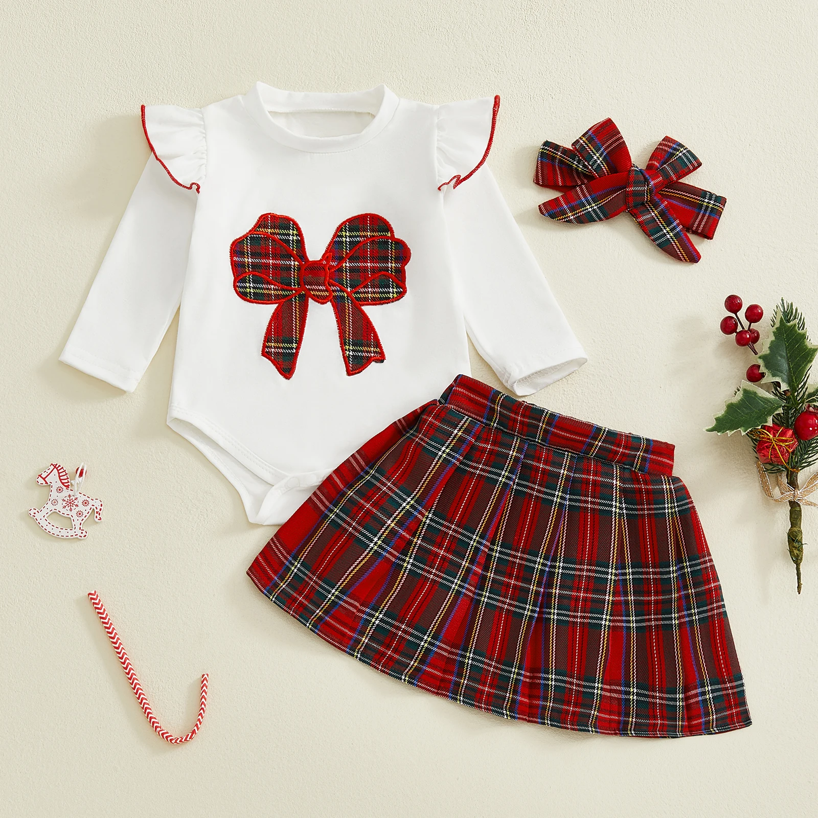 سويتي طفلة عيد الميلاد الزي القوس كشكش تقليم كم طويل رومبير منقوشة مطوي تنورة عقال 3 قطعة مجموعة