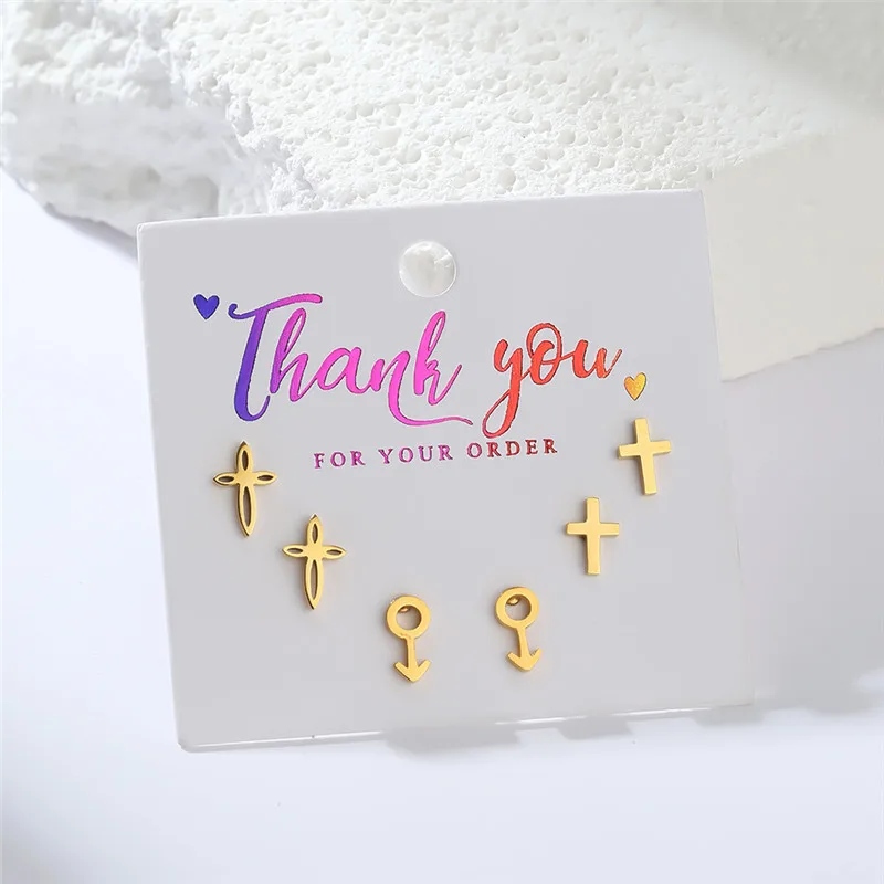3Pairs/card Classic Stainless Steel Cross Earring Geometric Anchor Ear Jewelry Girls Party Earrings Gifts Accessories Wholesale