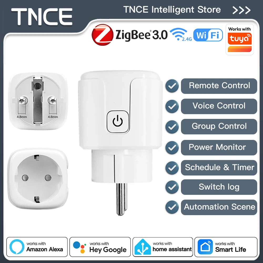 TNCE Tuya EU Plug WiFi or Zigbee3.0 Smart Socket 16/20A, Power Monitor Timer Function Voice Control With Alexa Google Home