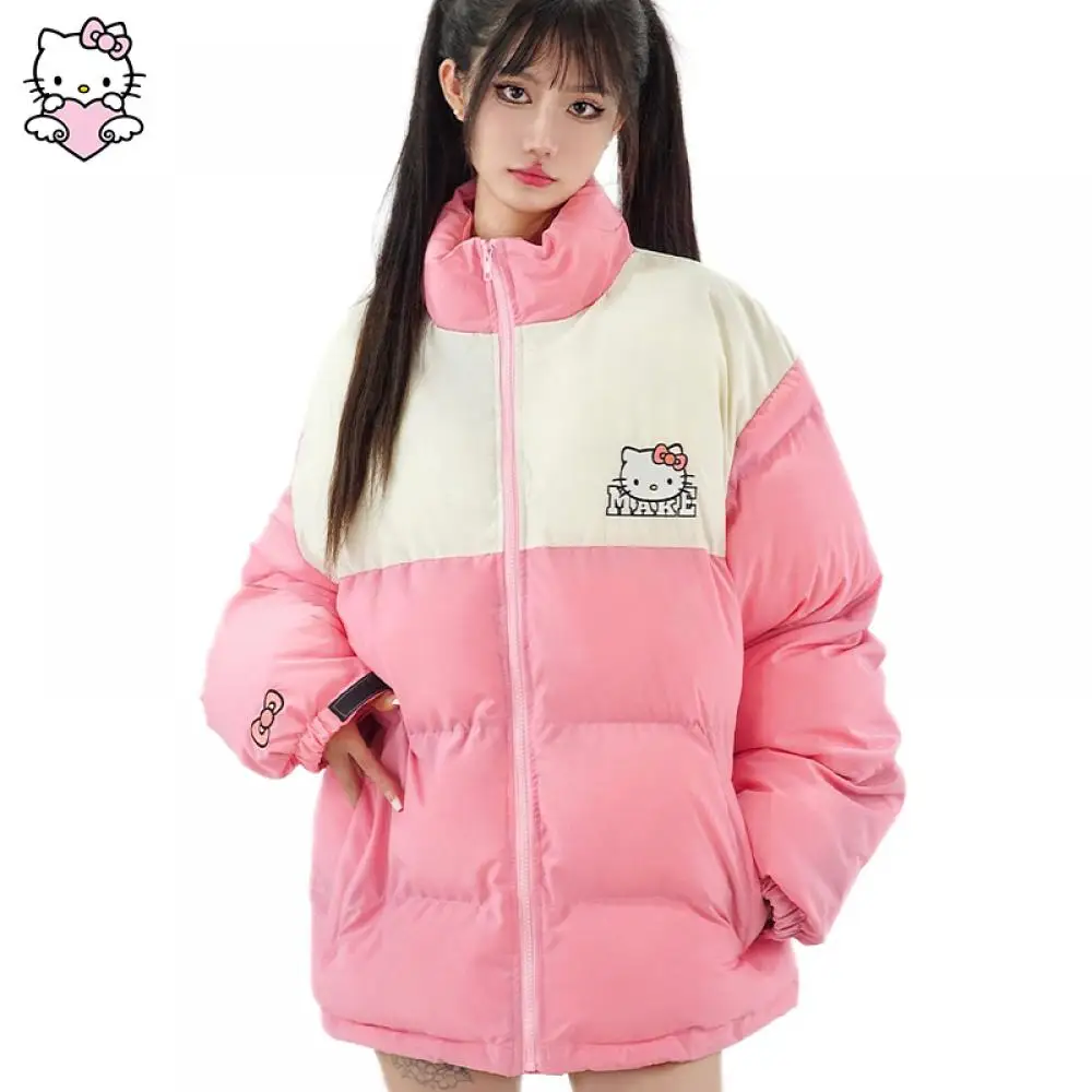 Kawaii Hello Kitty Women Down Jacket Sanrioed Anime Winter Thicken Warm Color Matching Cotton Clothes Coat Student Loose Fashion