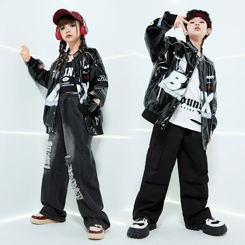 

Kids Hip Hop Clothes Sets Black Letter Leather Jacket + Loose Pants Teen Boys Street Dance Costumes Girls Jazz Performance Suit