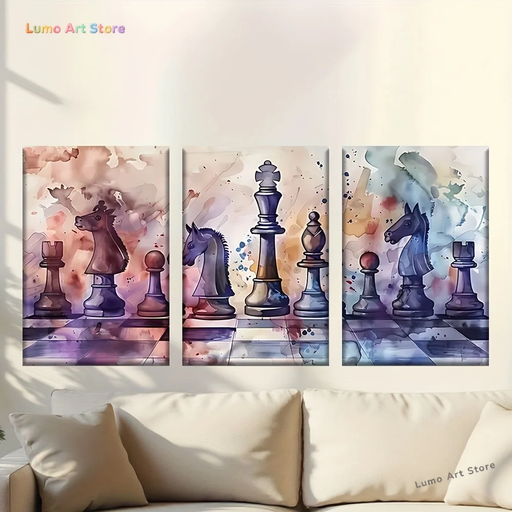 3pcs/set Canvas Painting - Unframed Chess Pieces on Table, Classic Abstract Art Poster for Living Room, Office, Bar, Library,